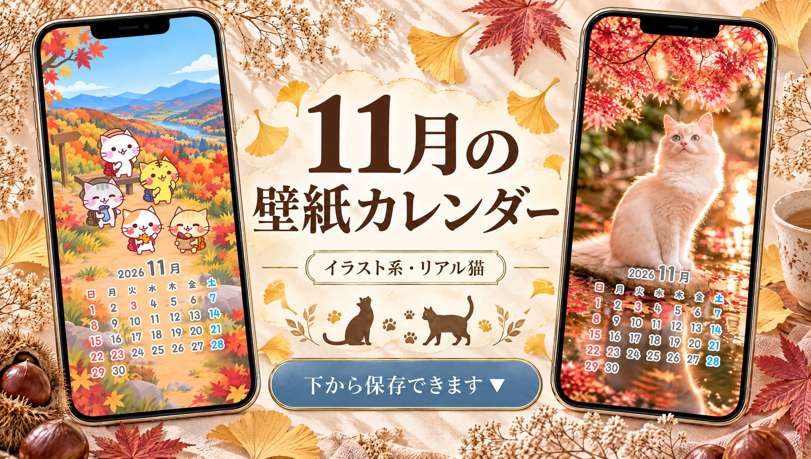 11月の壁紙カレンダー イラスト16枚・リアル猫16枚